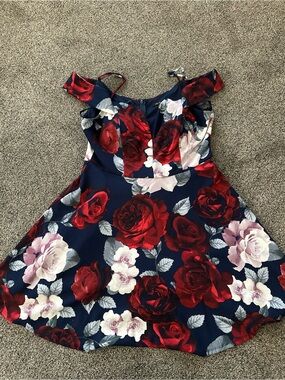 Cute Navy Floral Fit-and-Flare Dress with Red Roses